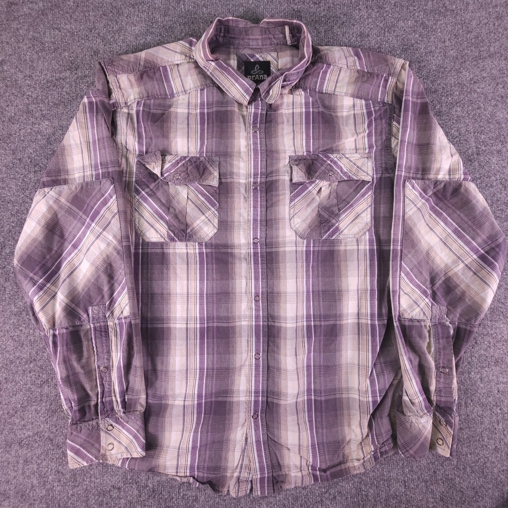 Prana Breathe Shirt Men XL Tan Plaid Organic Cotton Snap Western Button Up